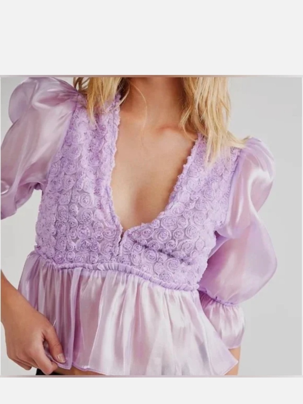 Free People Lilac Rose Appliqué Peplum V-Neck Blouse
